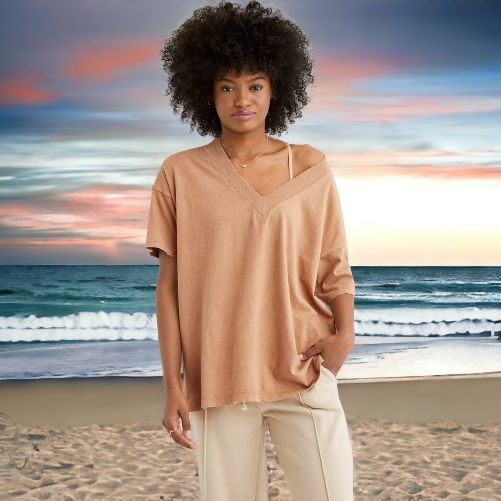 aerie Oversized V-Neck Short Sleeve Tee in Camel